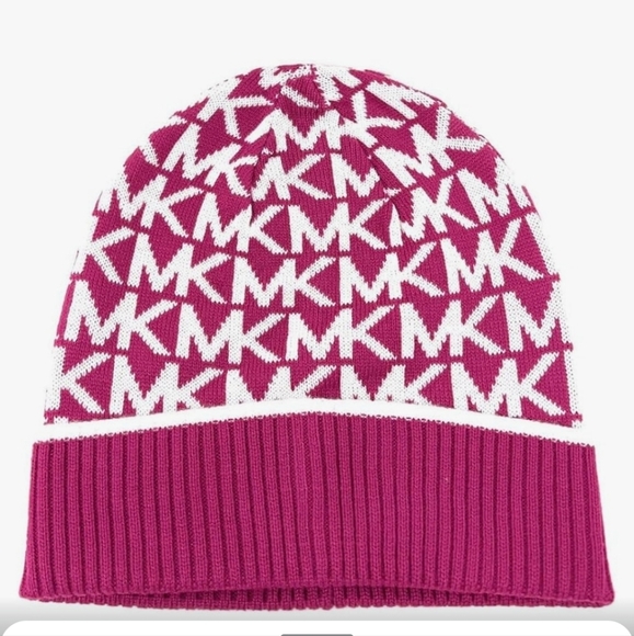 MICHAEL Kors Women's Pink & White Bordered MK Logo Cuff Beanie Hat - Picture 1 of 10